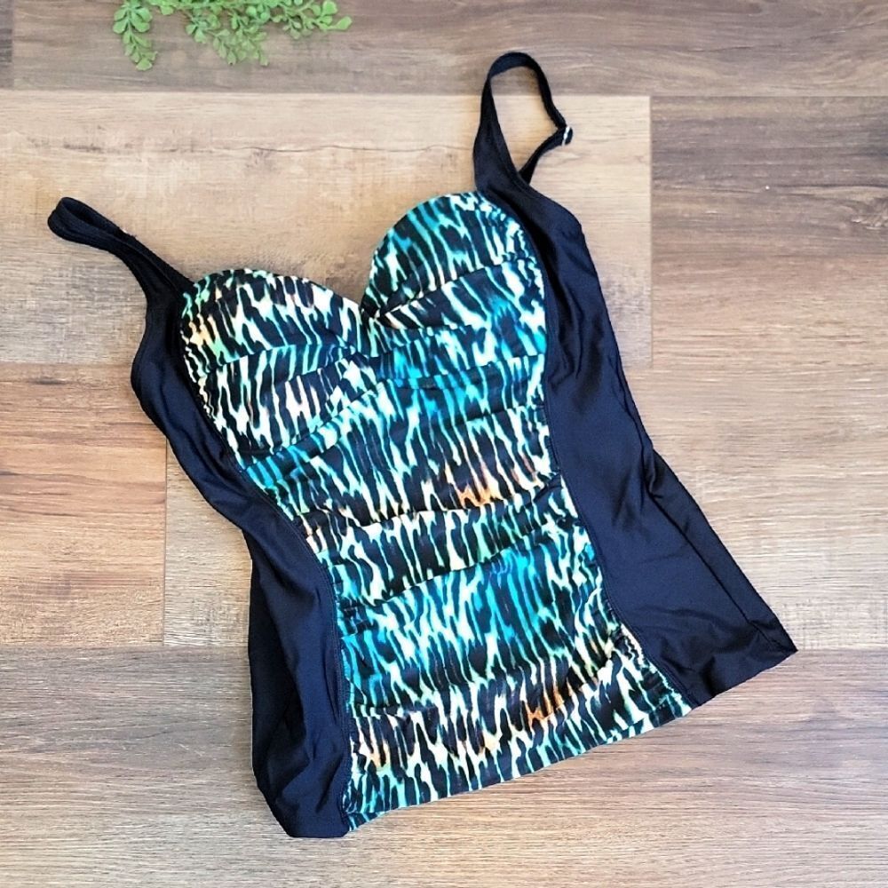 Beach Diva Stylish Blue and Black Swim Tankini Top Womens Size 14